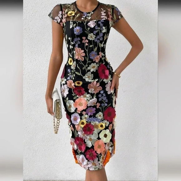 Floral Embroidery Contrast Mesh Dress - Picture 1 of 5